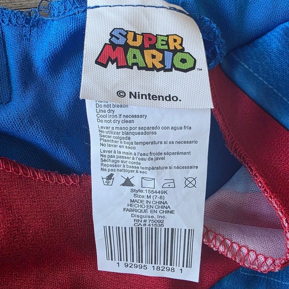 Super Mario Kids Halloween Costume Jumpsuit with Hat Red Blue Size Medium 7-8